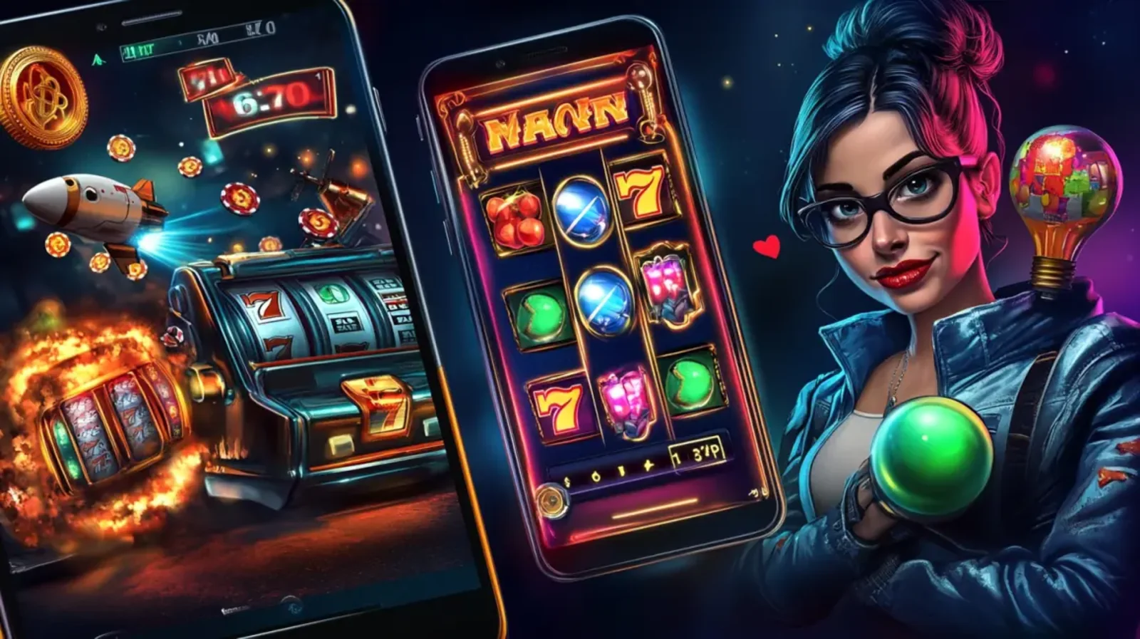 A woman with glasses sits next to a mobile device displaying slot games, looking focused and engaged with the gaming interface.