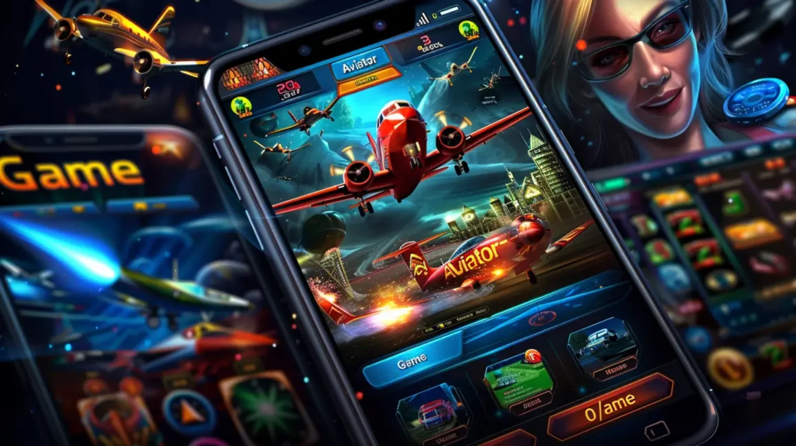 Three smartphones are displayed, all showing different screens of the popular crash game Aviator, which features a red airplane taking off.