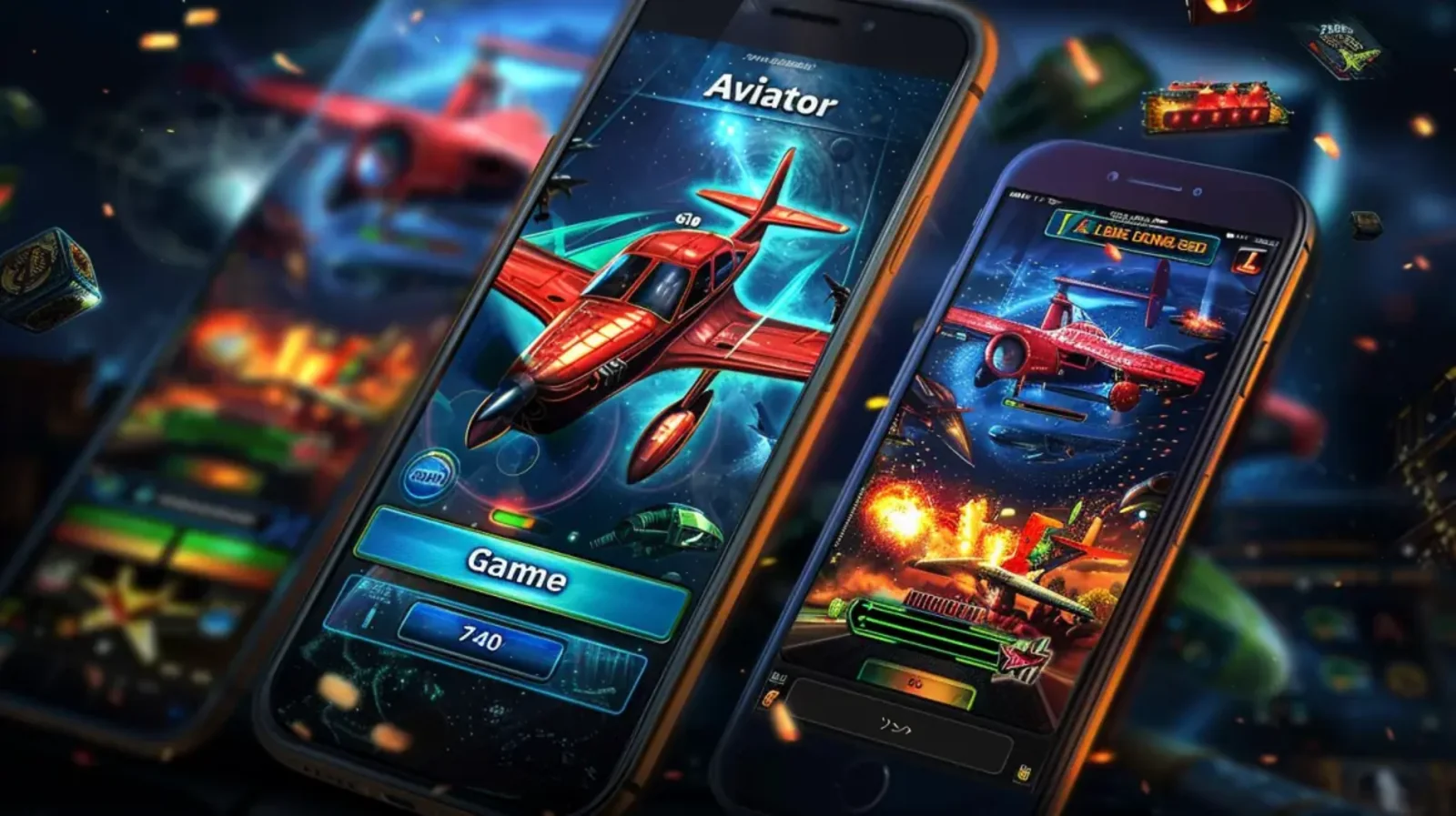 A detailed close-up of a smartphone screen showing the Aviator game interface with a red propeller plane flying through a starry sky.