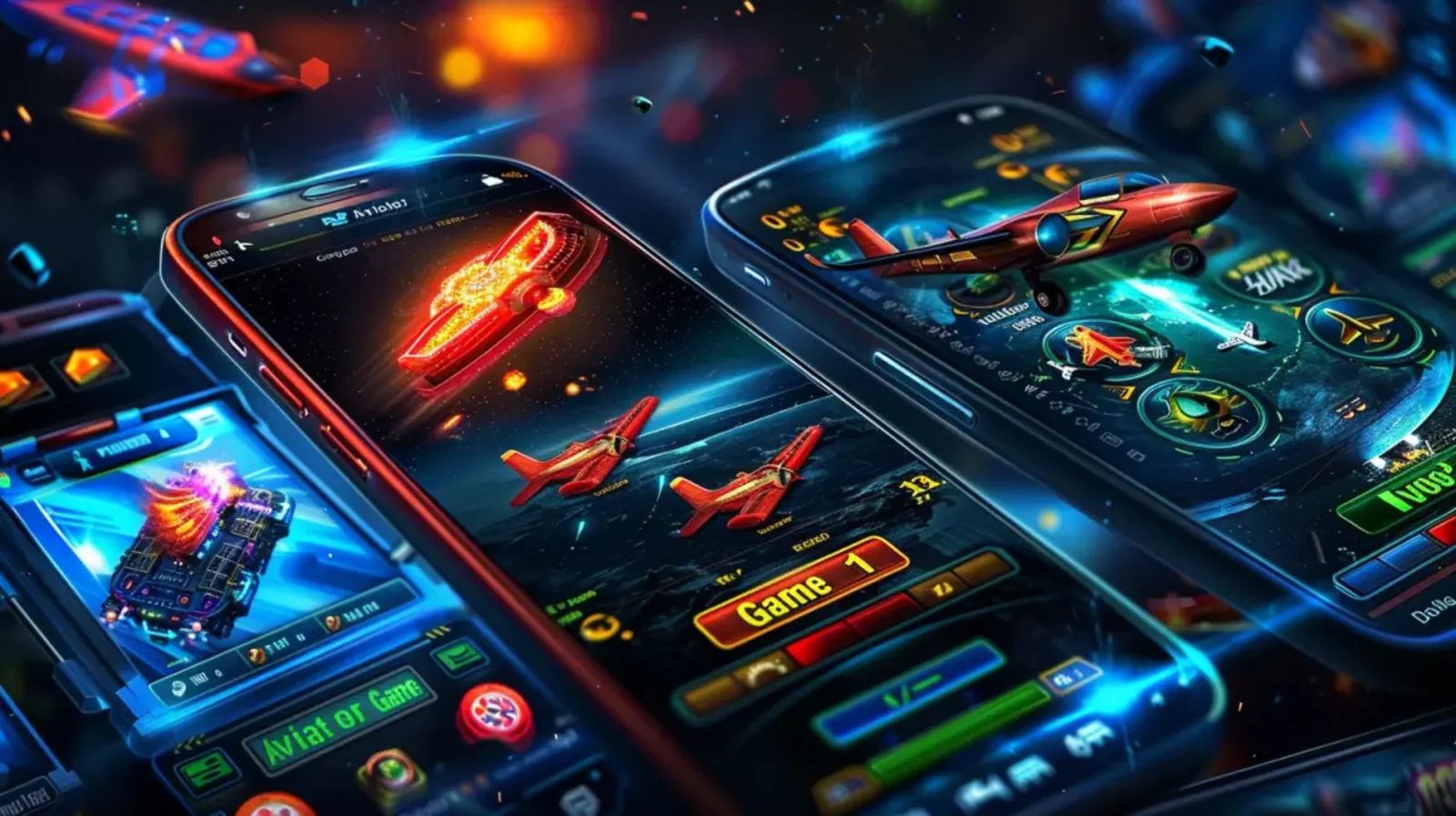 Several smartphones display exciting plane-themed games, with the Aviator game prominently featured on the central device.