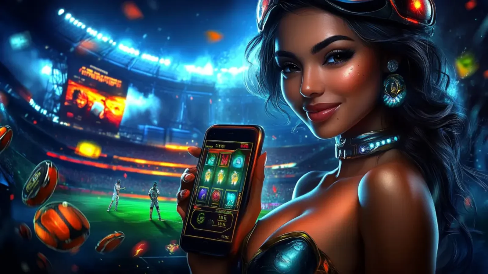 A woman in a packed football stadium at night holds up a smartphone showing a slot game interface with soccer-themed symbols.