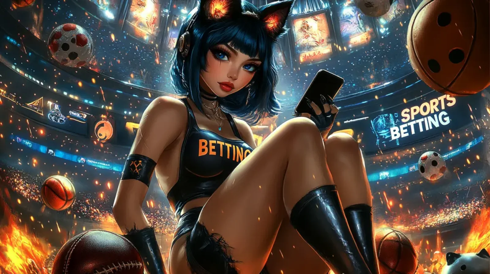 A woman wearing cat-ear headphones sits in a sports stadium, holding a phone with the word BETTING on it, ready to bet on the game.