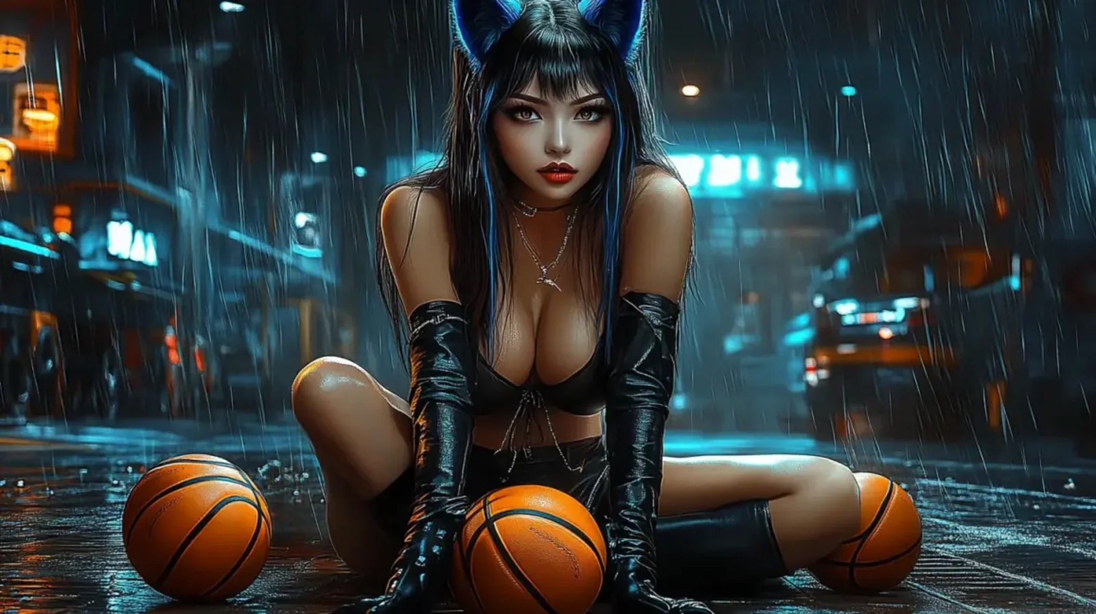 A beautiful woman with long dark hair holds a phone showing a cute cat-themed slot game, standing in a luxurious casino with a background of gold coins.