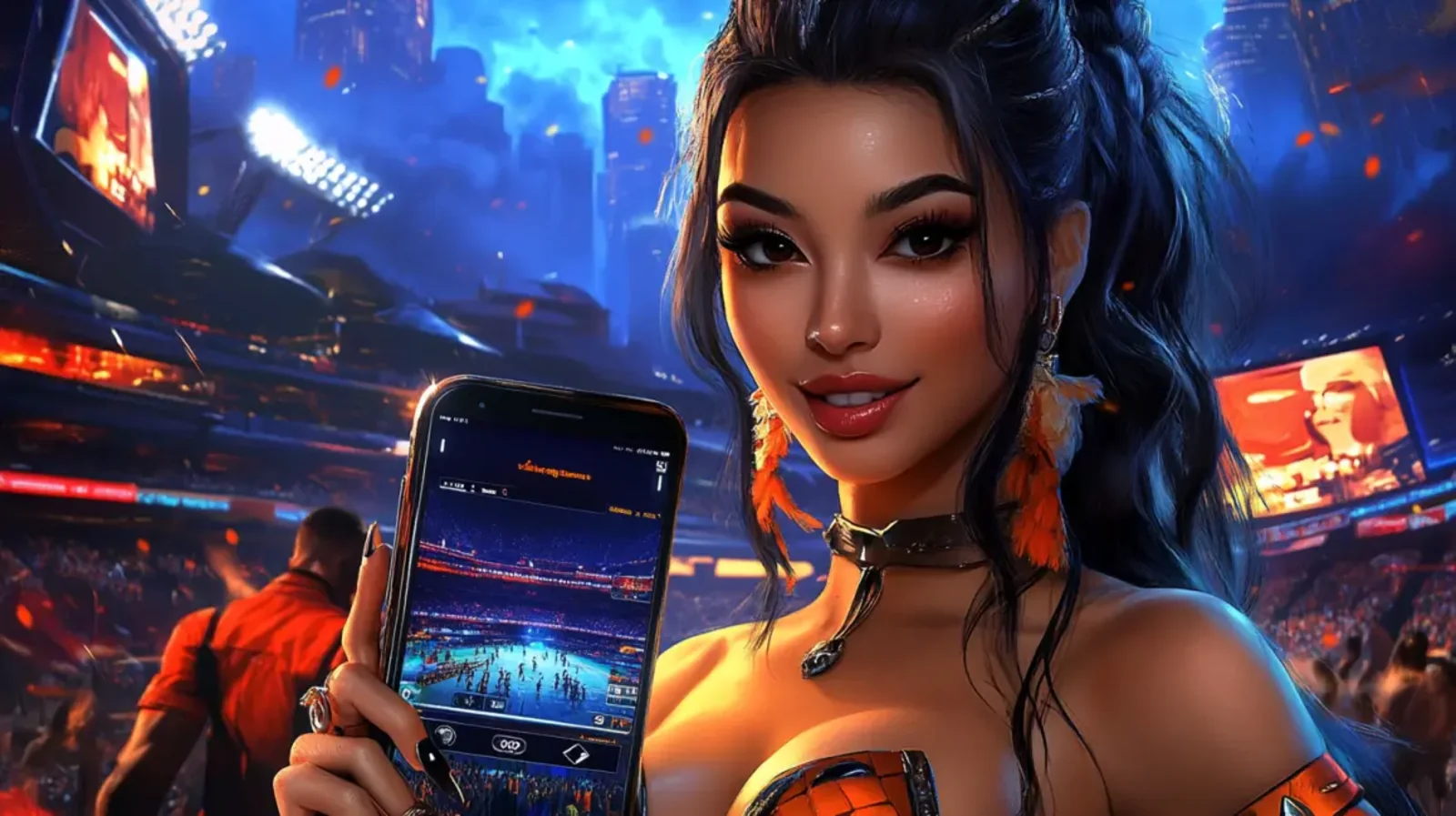 A relaxed woman wearing a straw hat on a sunny beach holds a smartphone displaying the login screen for a fantasy-themed mobile casino game.