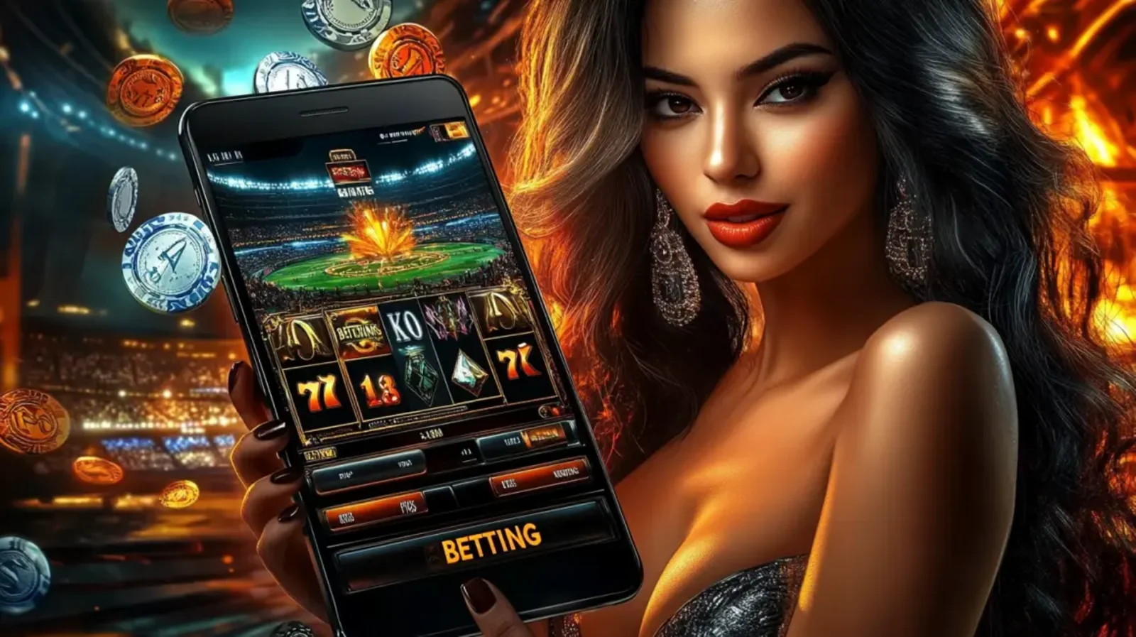 A woman in a stadium setting holds up a phone screen, suggesting sports betting or live event participation.