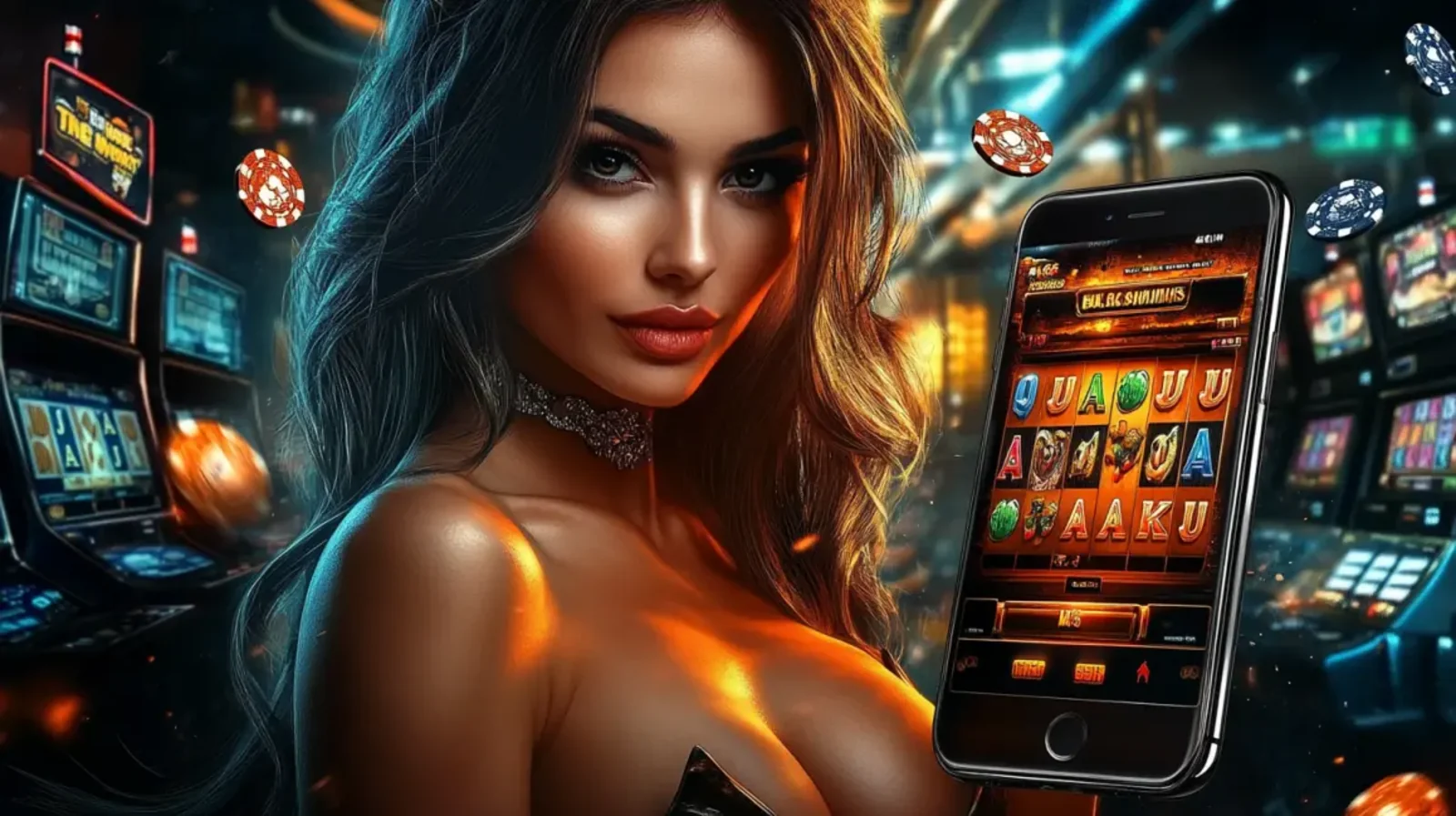 A beautiful woman wearing a black dress and a bow tie choker poses in front of a brightly lit casino roulette wheel, surrounded by flying gold coins.