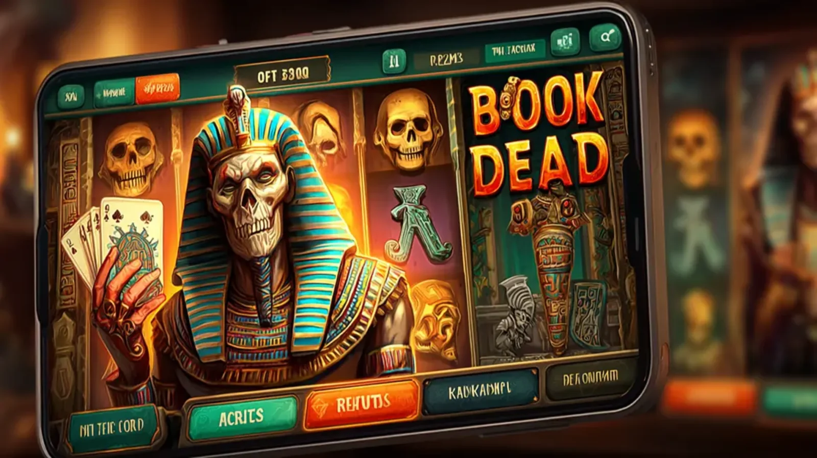 A smartphone displays the Book of Dead slot game, featuring an ancient Egyptian theme with golden symbols and a mysterious book.